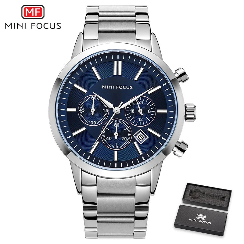 MINI FOCUS Men's Stainless Steel Dress Watches Chronograph Business Army Quartz Wristwatch Man Relogios Masculino Clock 0188G