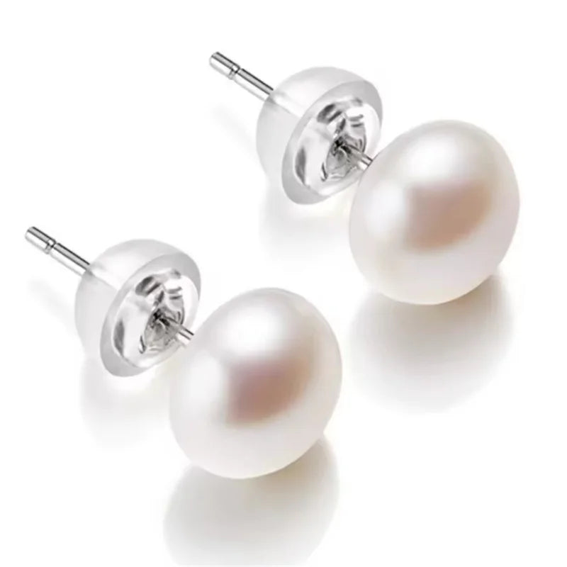 Senlissi- Genuine FreshWater Pearl Stud Earrings For Women 7-8-9 White Pink Pearls 925 Sterling Silver 18K Female Party Jewelry