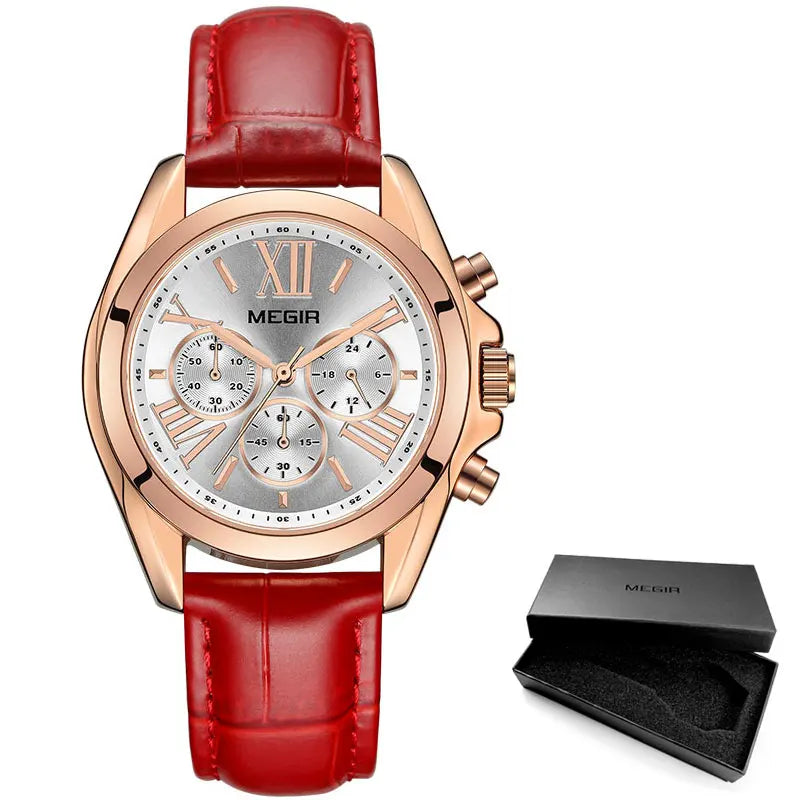 MEGIR2019 New Luxury Leather Watch Women Female Top Brand Chronograph Quartz Wristwatch Lady Relogios Femininos Clock 2114 White