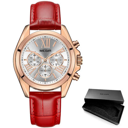 MEGIR2019 New Luxury Leather Watch Women Female Top Brand Chronograph Quartz Wristwatch Lady Relogios Femininos Clock 2114 White