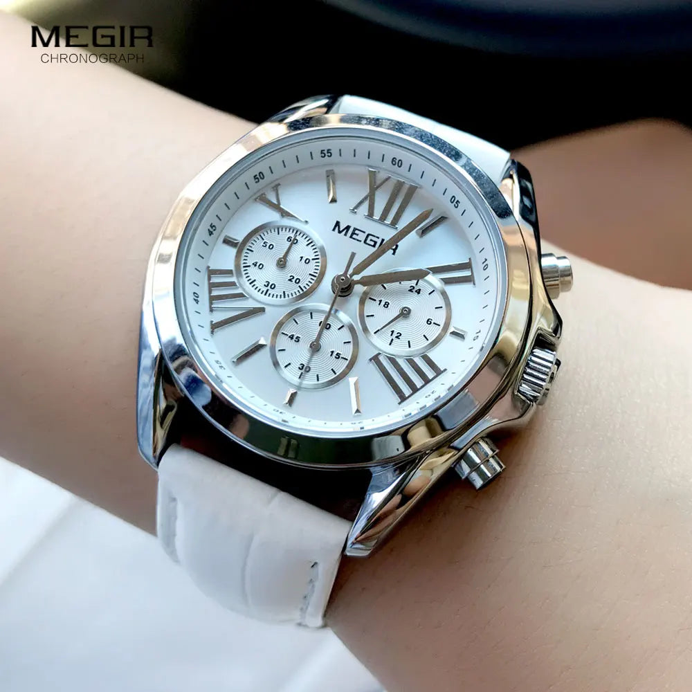 MEGIR2019 New Luxury Leather Watch Women Female Top Brand Chronograph Quartz Wristwatch Lady Relogios Femininos Clock 2114 White