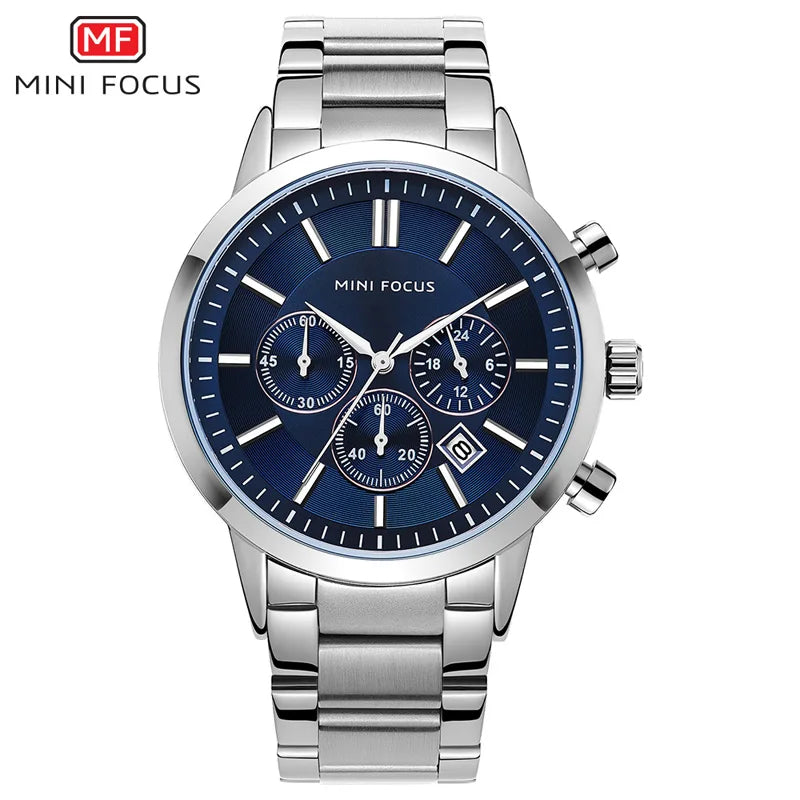 MINI FOCUS Men's Stainless Steel Dress Watches Chronograph Business Army Quartz Wristwatch Man Relogios Masculino Clock 0188G