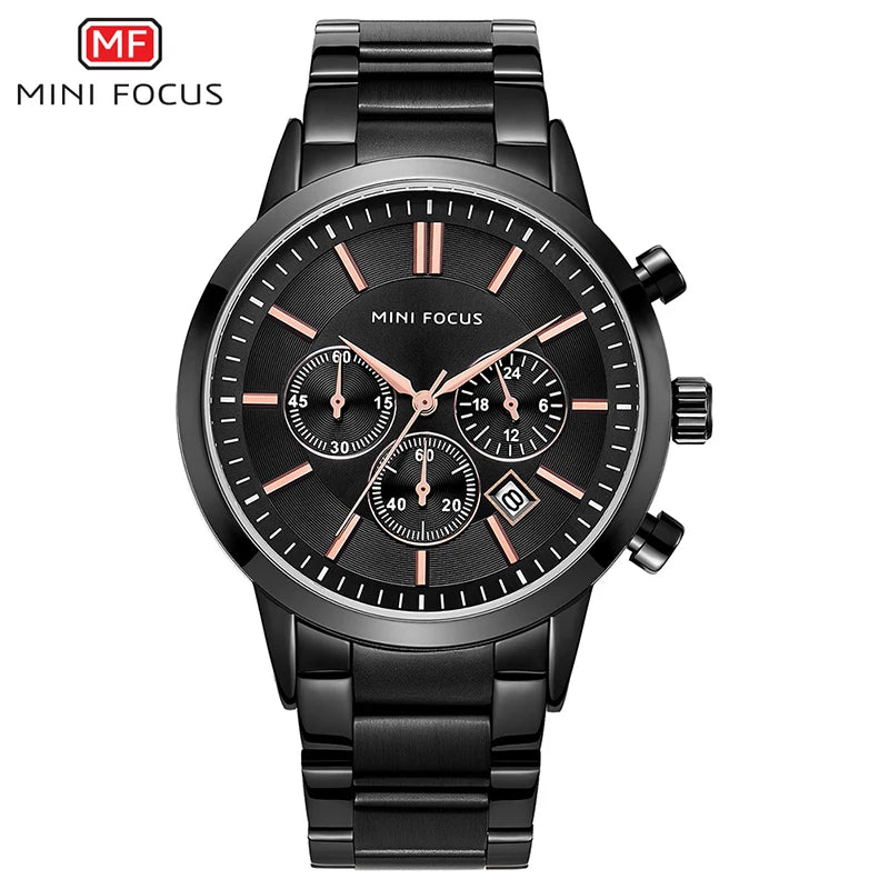 MINI FOCUS Men's Stainless Steel Dress Watches Chronograph Business Army Quartz Wristwatch Man Relogios Masculino Clock 0188G