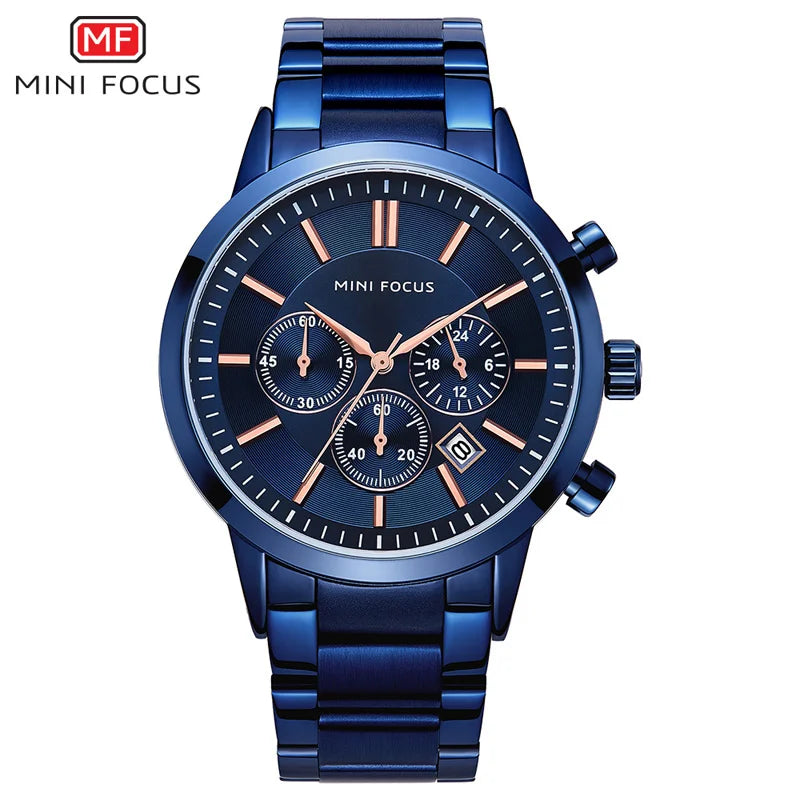 MINI FOCUS Men's Stainless Steel Dress Watches Chronograph Business Army Quartz Wristwatch Man Relogios Masculino Clock 0188G