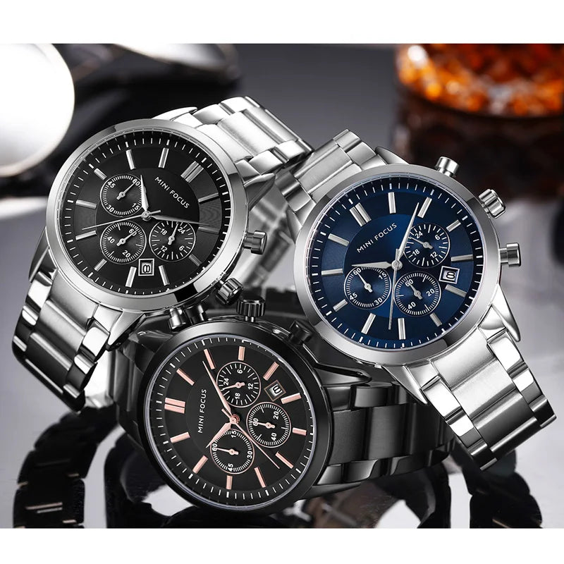 MINI FOCUS Men's Stainless Steel Dress Watches Chronograph Business Army Quartz Wristwatch Man Relogios Masculino Clock 0188G