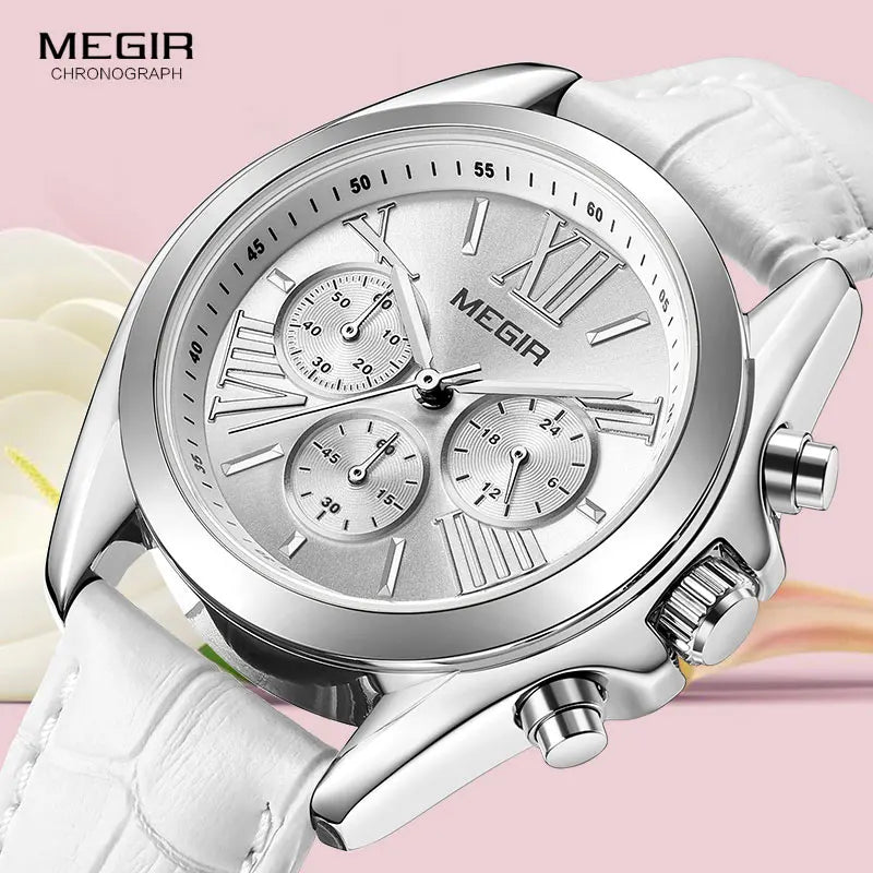 MEGIR2019 New Luxury Leather Watch Women Female Top Brand Chronograph Quartz Wristwatch Lady Relogios Femininos Clock 2114 White