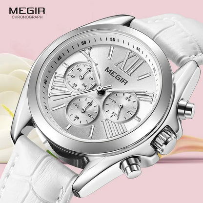 MEGIR2019 New Luxury Leather Watch Women Female Top Brand Chronograph Quartz Wristwatch Lady Relogios Femininos Clock 2114 White