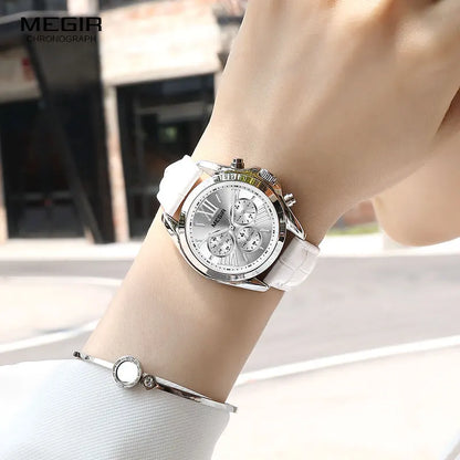 MEGIR2019 New Luxury Leather Watch Women Female Top Brand Chronograph Quartz Wristwatch Lady Relogios Femininos Clock 2114 White