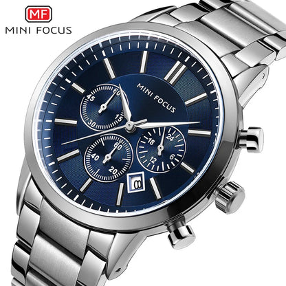 MINI FOCUS Men's Stainless Steel Dress Watches Chronograph Business Army Quartz Wristwatch Man Relogios Masculino Clock 0188G
