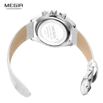MEGIR2019 New Luxury Leather Watch Women Female Top Brand Chronograph Quartz Wristwatch Lady Relogios Femininos Clock 2114 White