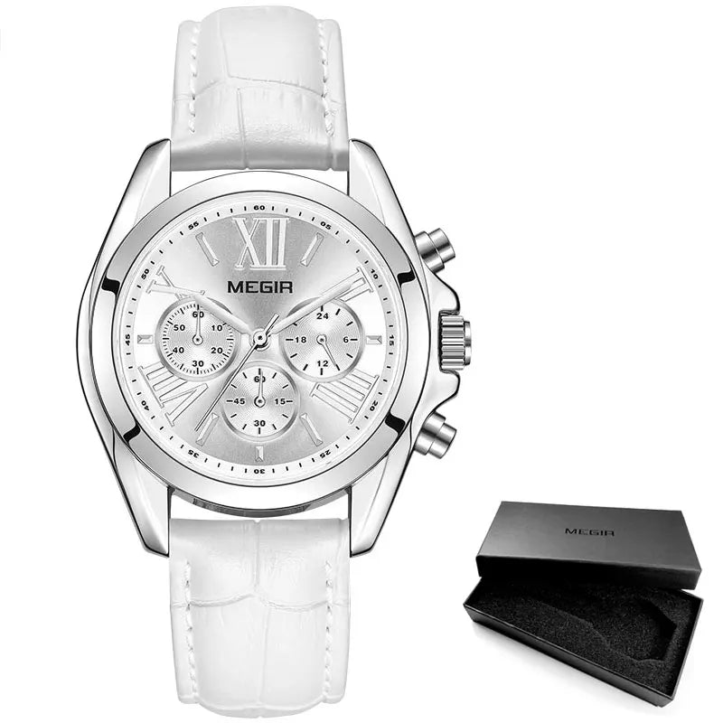 MEGIR2019 New Luxury Leather Watch Women Female Top Brand Chronograph Quartz Wristwatch Lady Relogios Femininos Clock 2114 White