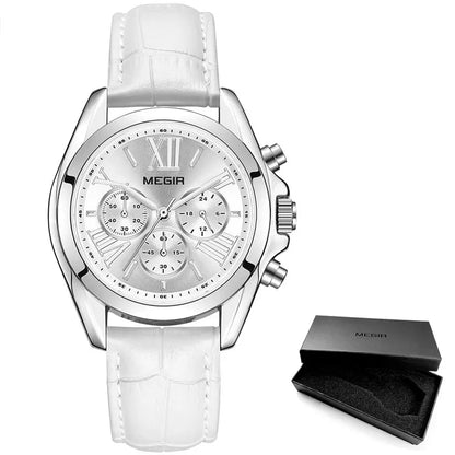 MEGIR2019 New Luxury Leather Watch Women Female Top Brand Chronograph Quartz Wristwatch Lady Relogios Femininos Clock 2114 White