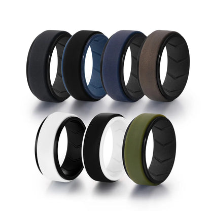 7 Pack Mens Black Rubber Wedding Bands, 8mm Hypoallergenic Breathable Men's Silicone Ring for Him, Multi Color Sport Fitness