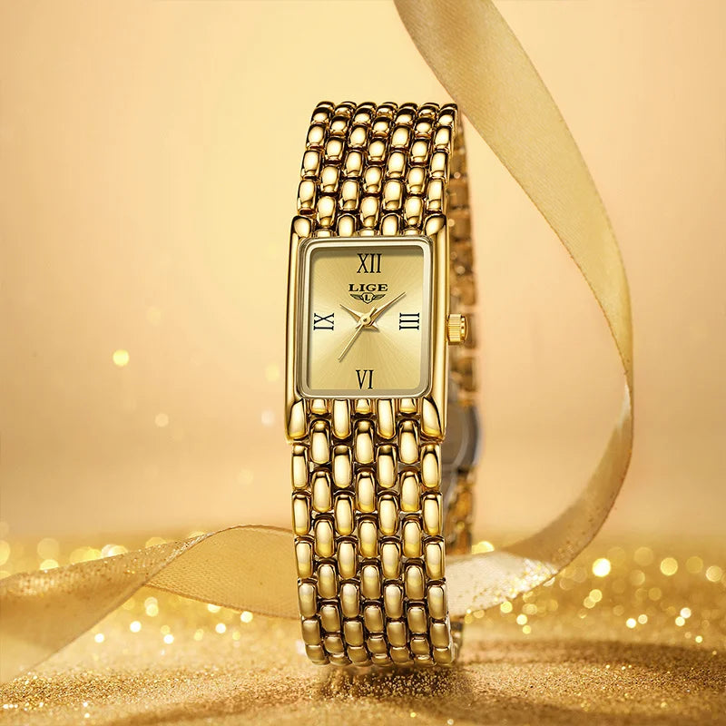 LIGE Luxury Square Ladies Watches Waterpoof Stainless Steel Quartz Wristwatches Fashion Classic Business Gift Watches For Woman