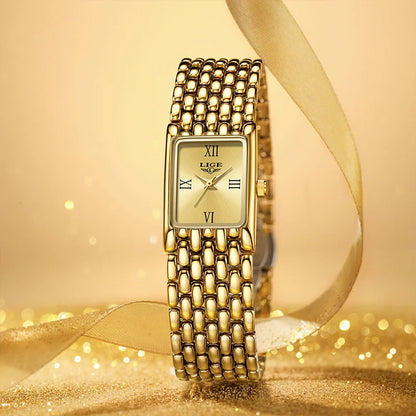 LIGE Luxury Square Ladies Watches Waterpoof Stainless Steel Quartz Wristwatches Fashion Classic Business Gift Watches For Woman