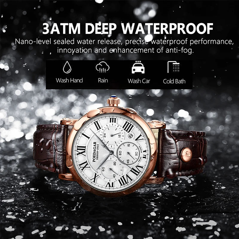POEDAGAR Top Luxury Watches For Men Chronograph Date Man Quartz Watch Waterproof Leather Fashion Business Men's Wristwatch Reloj