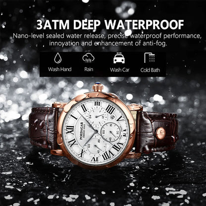 POEDAGAR Top Luxury Watches For Men Chronograph Date Man Quartz Watch Waterproof Leather Fashion Business Men's Wristwatch Reloj