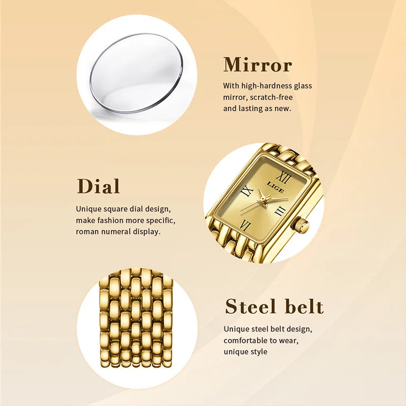 LIGE Luxury Square Ladies Watches Waterpoof Stainless Steel Quartz Wristwatches Fashion Classic Business Gift Watches For Woman