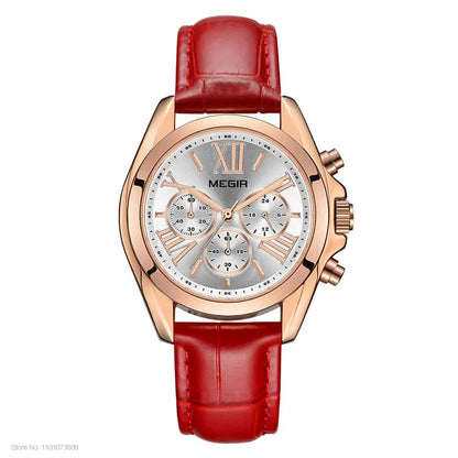MEGIR2019 New Luxury Leather Watch Women Female Top Brand Chronograph Quartz Wristwatch Lady Relogios Femininos Clock 2114 White