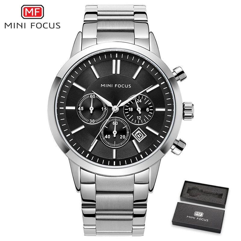 MINI FOCUS Men's Stainless Steel Dress Watches Chronograph Business Army Quartz Wristwatch Man Relogios Masculino Clock 0188G