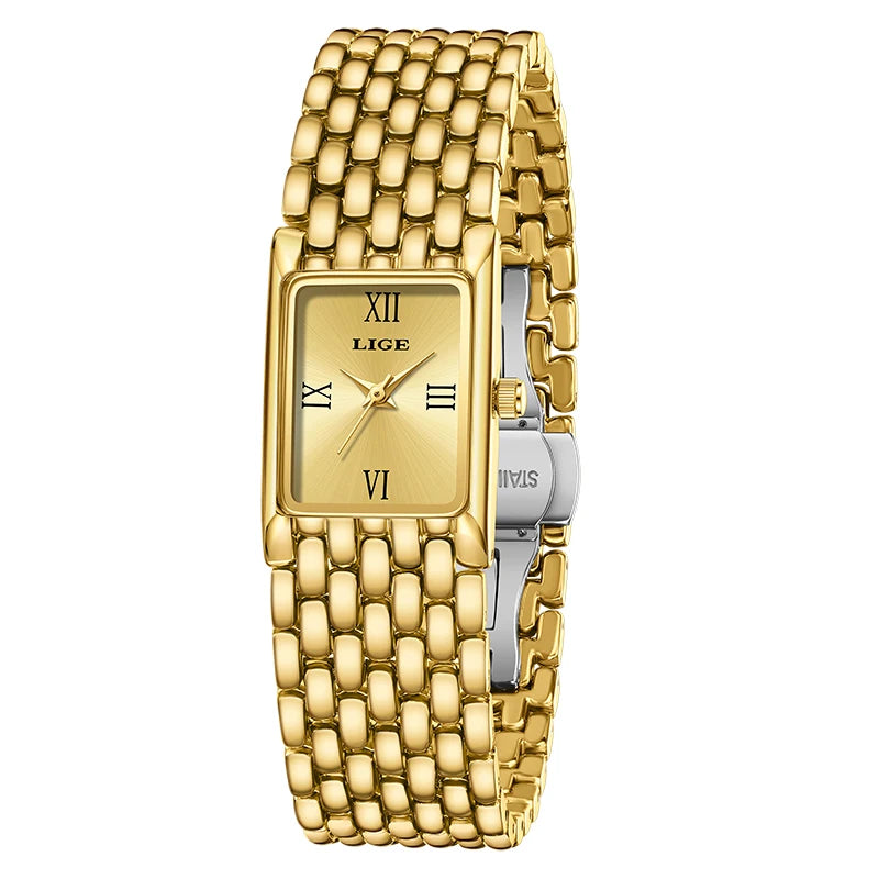 LIGE Luxury Square Ladies Watches Waterpoof Stainless Steel Quartz Wristwatches Fashion Classic Business Gift Watches For Woman