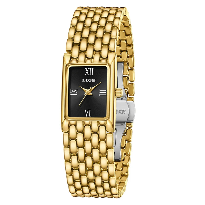LIGE Luxury Square Ladies Watches Waterpoof Stainless Steel Quartz Wristwatches Fashion Classic Business Gift Watches For Woman