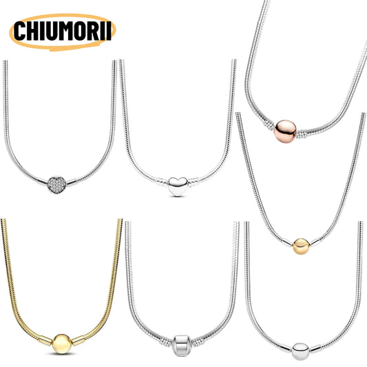 Zircon Heart-shaped Necklace S925 Sterling Silver Round Bead Snake Bone Chain DIY Charm Accessories Women's Jewelry Gifts