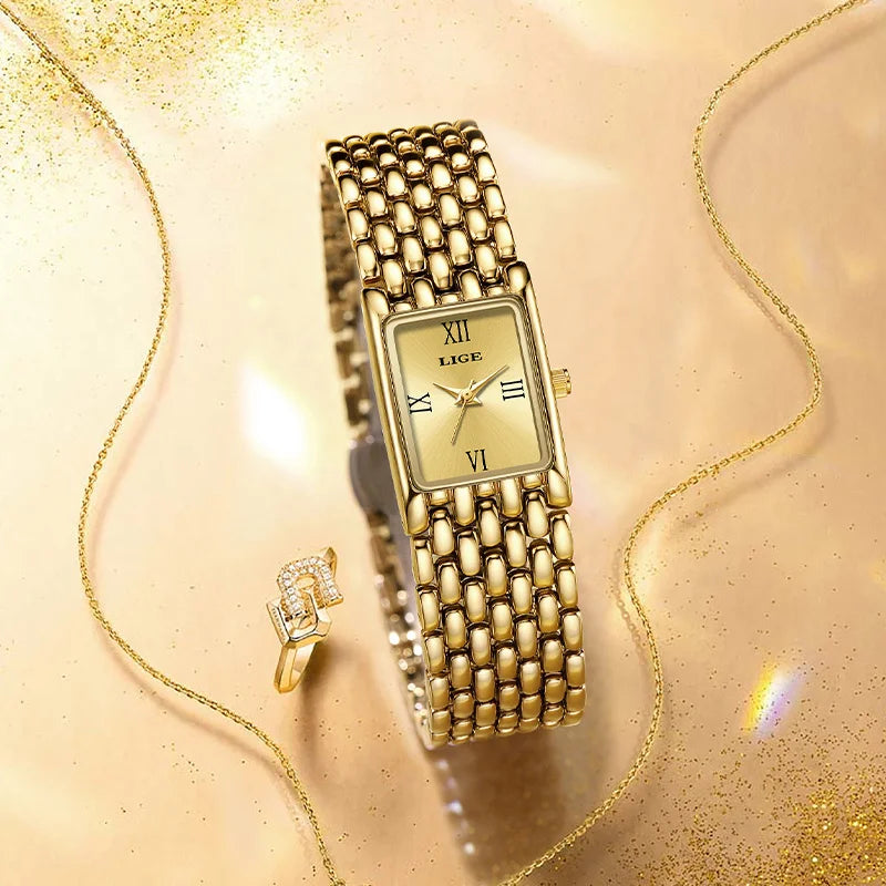 LIGE Luxury Square Ladies Watches Waterpoof Stainless Steel Quartz Wristwatches Fashion Classic Business Gift Watches For Woman