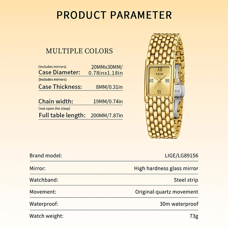 LIGE Luxury Square Ladies Watches Waterpoof Stainless Steel Quartz Wristwatches Fashion Classic Business Gift Watches For Woman