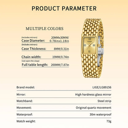 LIGE Luxury Square Ladies Watches Waterpoof Stainless Steel Quartz Wristwatches Fashion Classic Business Gift Watches For Woman