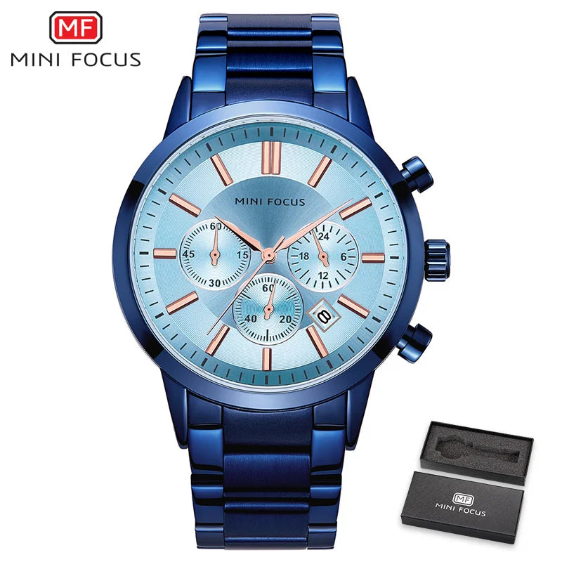 MINI FOCUS Men's Stainless Steel Dress Watches Chronograph Business Army Quartz Wristwatch Man Relogios Masculino Clock 0188G