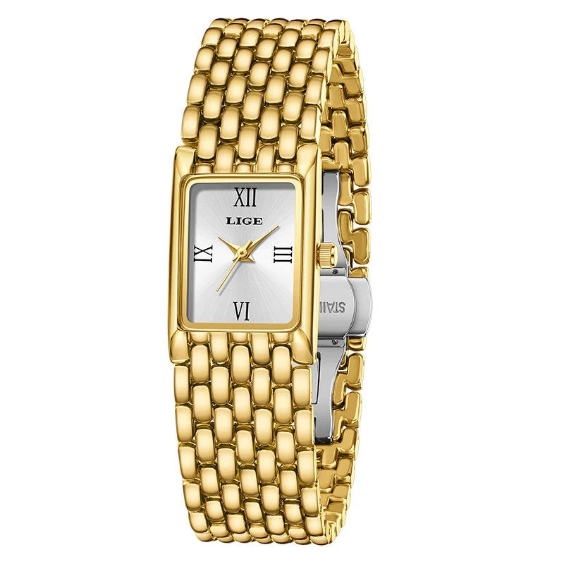 LIGE Luxury Square Ladies Watches Waterpoof Stainless Steel Quartz Wristwatches Fashion Classic Business Gift Watches For Woman