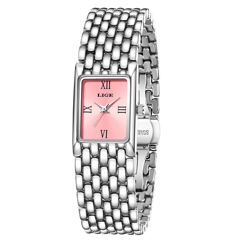 LIGE Luxury Square Ladies Watches Waterpoof Stainless Steel Quartz Wristwatches Fashion Classic Business Gift Watches For Woman