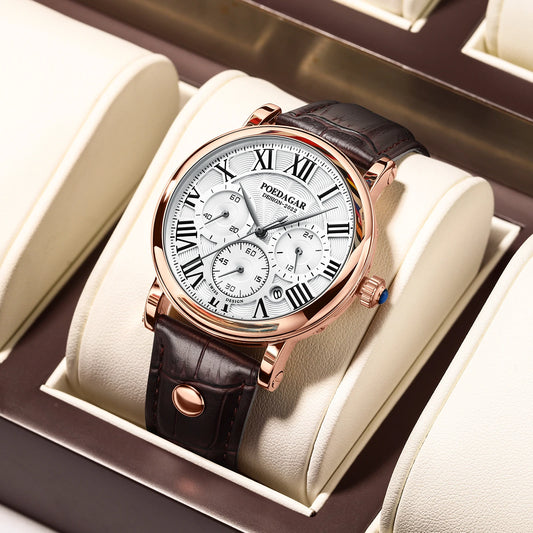 POEDAGAR Top Luxury Watches For Men Chronograph Date Man Quartz Watch Waterproof Leather Fashion Business Men's Wristwatch Reloj