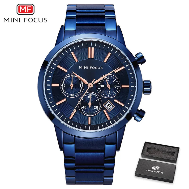 MINI FOCUS Men's Stainless Steel Dress Watches Chronograph Business Army Quartz Wristwatch Man Relogios Masculino Clock 0188G