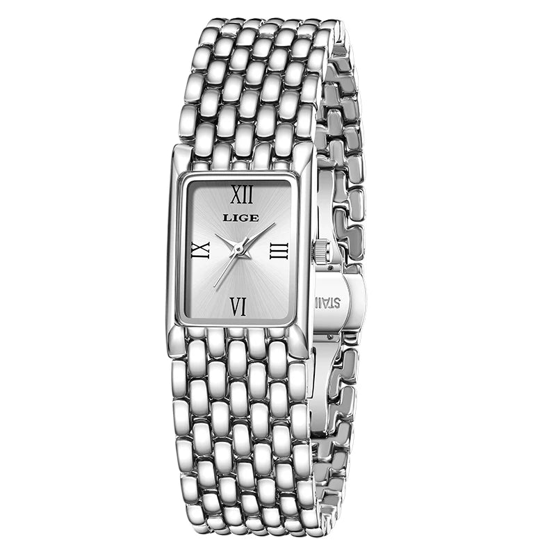 LIGE Luxury Square Ladies Watches Waterpoof Stainless Steel Quartz Wristwatches Fashion Classic Business Gift Watches For Woman