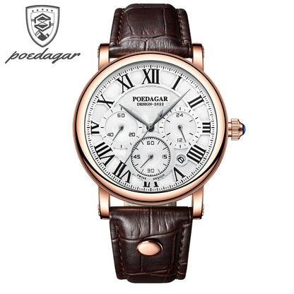 POEDAGAR Top Luxury Watches For Men Chronograph Date Man Quartz Watch Waterproof Leather Fashion Business Men's Wristwatch Reloj