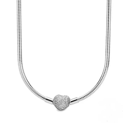 Zircon Heart-shaped Necklace S925 Sterling Silver Round Bead Snake Bone Chain DIY Charm Accessories Women's Jewelry Gifts