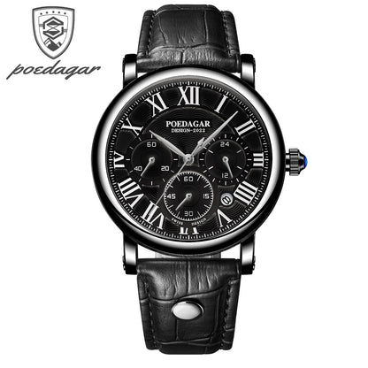POEDAGAR Top Luxury Watches For Men Chronograph Date Man Quartz Watch Waterproof Leather Fashion Business Men's Wristwatch Reloj