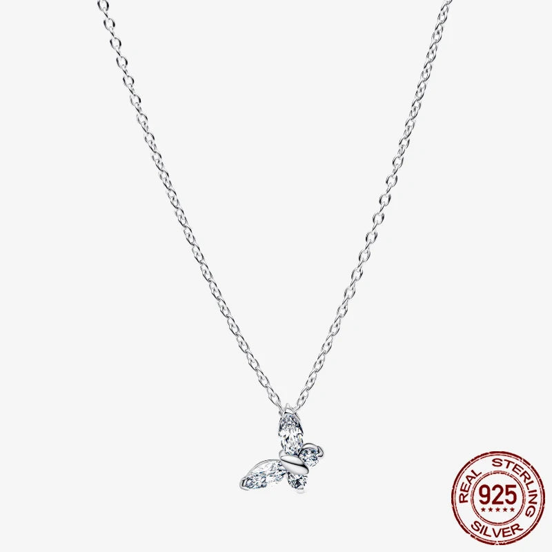 Sterling Silver Pave Heart & Butterfly Necklace Women Jewelry DIY Birthday,Anniversary,Engagement,Wedding Gift plata de ley