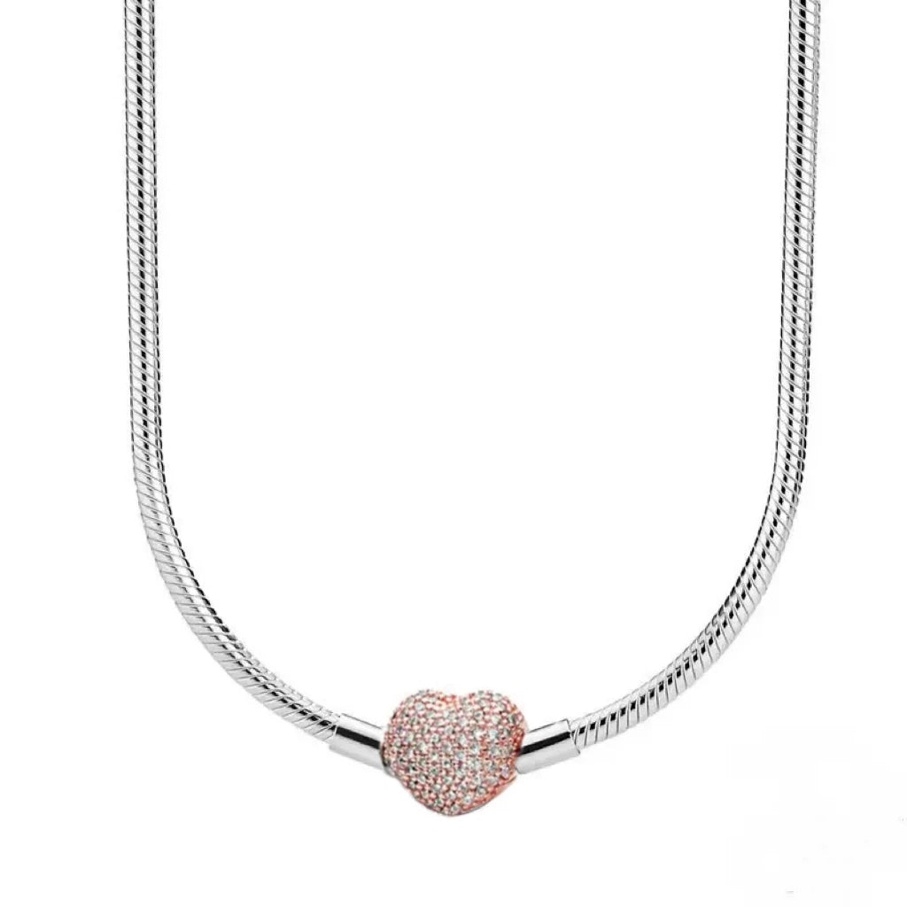 Zircon Heart-shaped Necklace S925 Sterling Silver Round Bead Snake Bone Chain DIY Charm Accessories Women's Jewelry Gifts