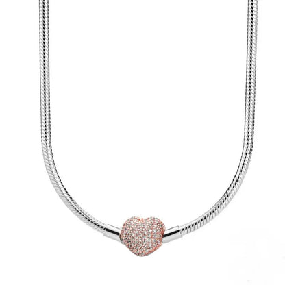 Zircon Heart-shaped Necklace S925 Sterling Silver Round Bead Snake Bone Chain DIY Charm Accessories Women's Jewelry Gifts