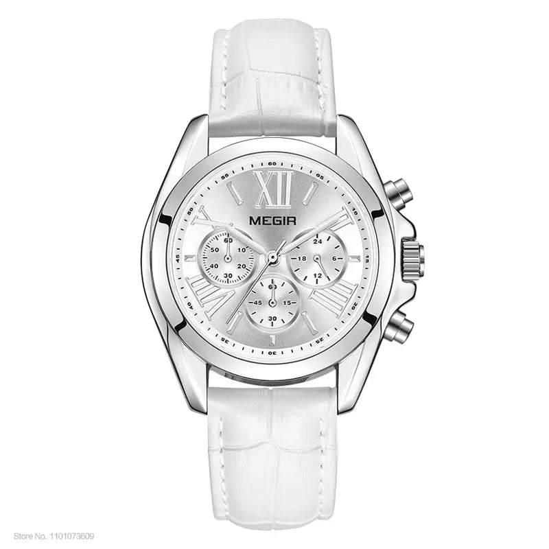 MEGIR2019 New Luxury Leather Watch Women Female Top Brand Chronograph Quartz Wristwatch Lady Relogios Femininos Clock 2114 White