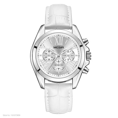 MEGIR2019 New Luxury Leather Watch Women Female Top Brand Chronograph Quartz Wristwatch Lady Relogios Femininos Clock 2114 White
