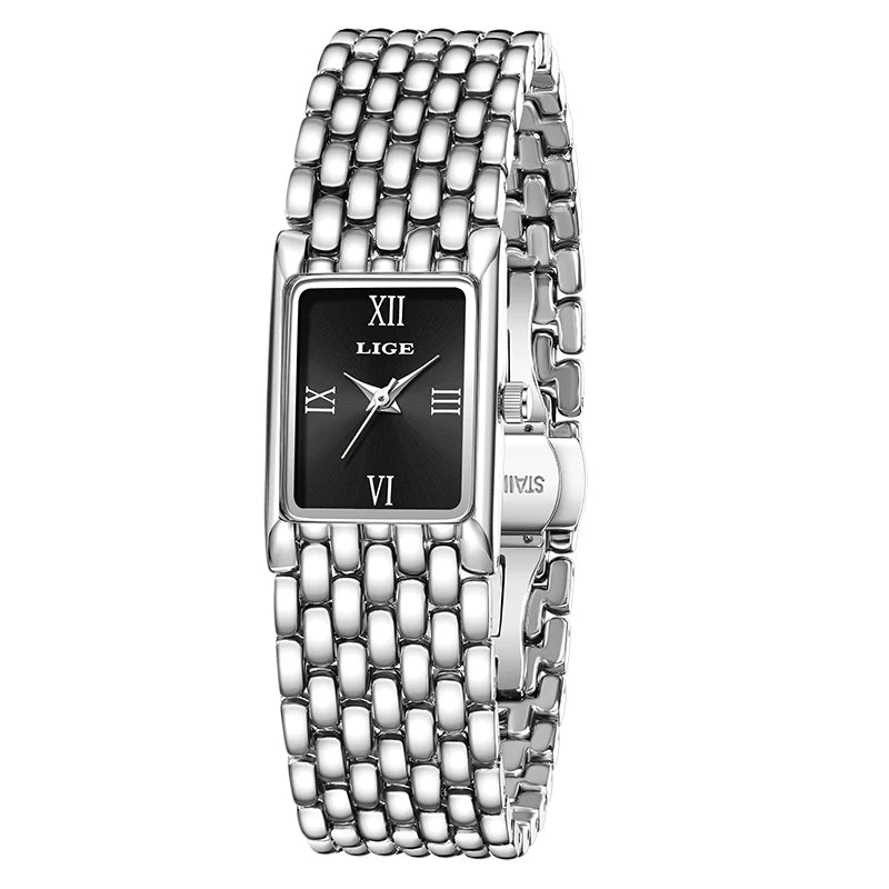 LIGE Luxury Square Ladies Watches Waterpoof Stainless Steel Quartz Wristwatches Fashion Classic Business Gift Watches For Woman