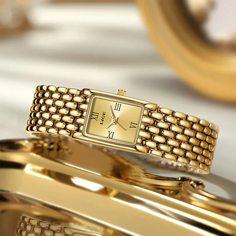 LIGE Luxury Square Ladies Watches Waterpoof Stainless Steel Quartz Wristwatches Fashion Classic Business Gift Watches For Woman